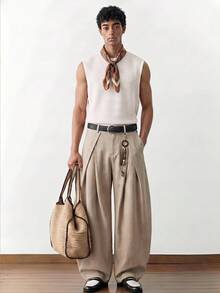 SWAVVY Men's Pocket Button Minimalist Loose Fit Long Pants - Light Grey - View 3