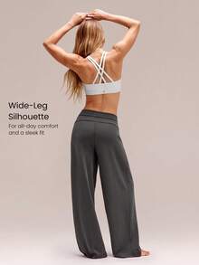 GLOWMODE Pantalones de chándal de pierna ancha de cintura alta de 28" de modal acanalado Glow Easy con cordón ajustable & bolsillos laterales para entrenamiento, ejercicio, uso diario y casual activo - Gris - Ver 2