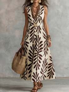 Glimmora 2026 Spring/Summer Bohemian Style Floral Print V-Neck Sleeveless Maxi Dress, Featuring Beige Base With Dark Brown Leaf Print, Creating A Vintage Vacation Vibe; V-Neck Design Paired With Matching Square Buckle Belt To Effortlessly Define High Waistline, Flattering Flowy Silhouette Suitable For Island Vacation, Daily Outings, Light Commuting And More - Multicolor - View 1