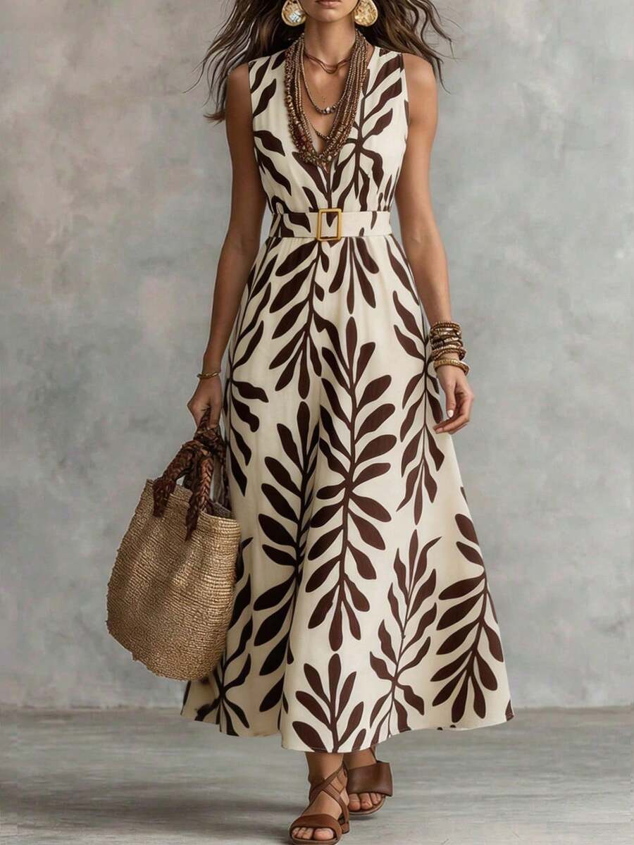 Glimmora 2026 Spring/Summer Bohemian Style Floral Print V-Neck Sleeveless Maxi Dress, Featuring Beige Base With Dark Brown Leaf Print, Creating A Vintage Vacation Vibe; V-Neck Design Paired With Matching Square Buckle Belt To Effortlessly Define High Waistline, Flattering Flowy Silhouette Suitable For Island Vacation, Daily Outings, Light Commuting And More - Multicolor - View 1