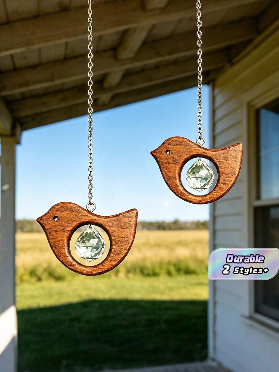 Boho Vintage Wooden Bird Suncatcher With Clear Glass Crystal Prism, Stylish Car Rear View Mirror Hanging Charm, Unique Decorative Gift For Drivers, Multi-Purpose Hanging Ornament Fit For Home Window, Courtyard & Garden Decor - multicolor - View 1
