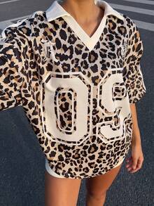 Vintage süßer Leopard Muster, sportlicher Farbblock gestreift, Teenager Mädchen lässig vielseitig locker V-Ausschnitt Langarm Sweatshirt für Outdoor Picknick, Ausflug, Streetstyle, Chill Chill, Schulanfang, Y2K, Koreanisch - Verschiedenfarbig - Übersicht 4