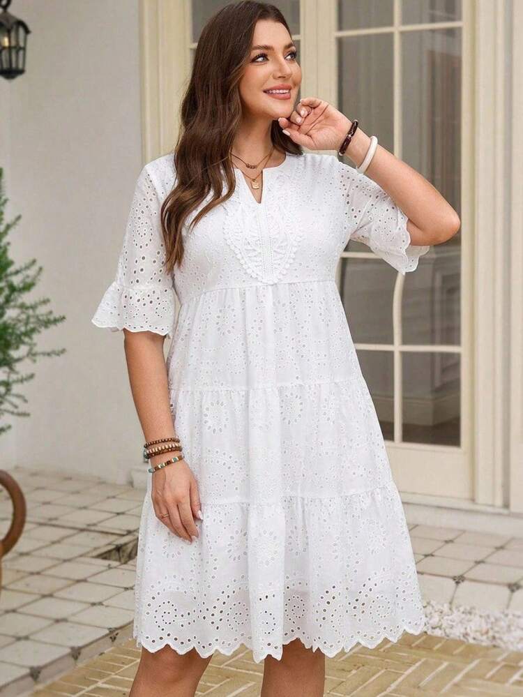 Rosumi Plus Size Women's Summer Fall Casual Business Casual Elegant Vacation Country Solid White Embroidery Ruffle Hem Loose Dress Autumn Going Out Wedding