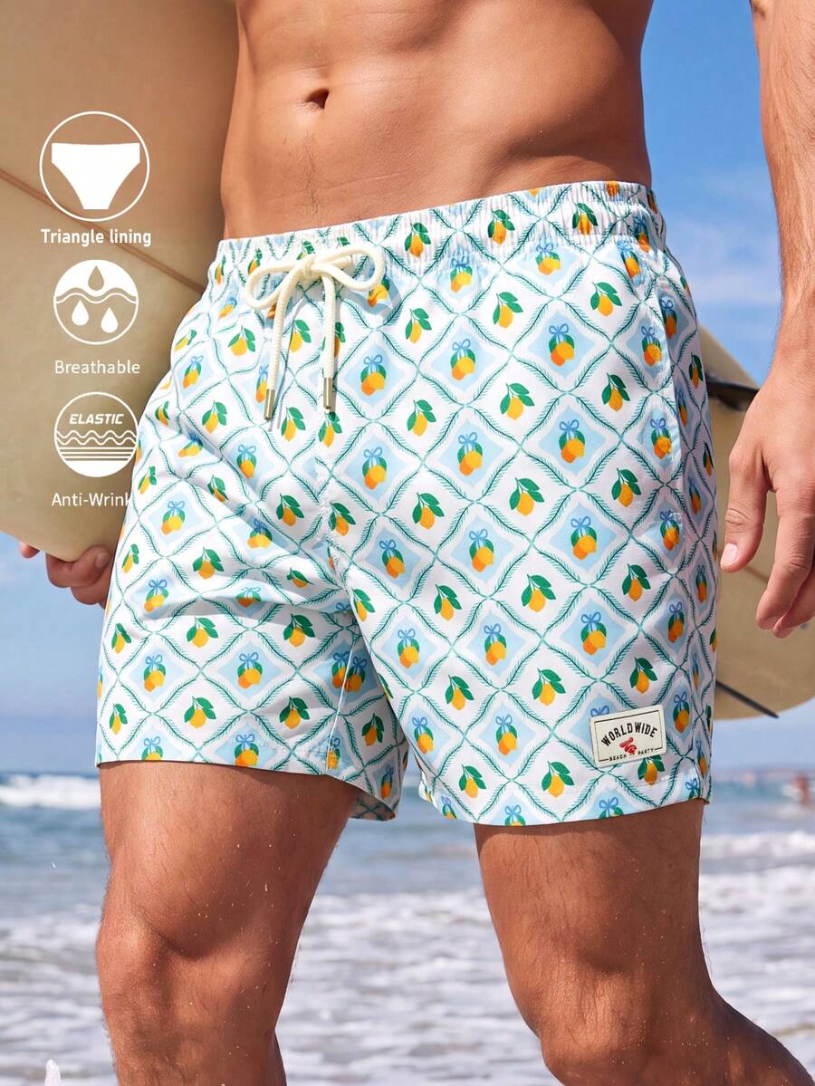 Manfinity Swimmode Men's Drawstring Waist All-Over Print Casual Vacation Beach Shorts - Mint Green - View 1