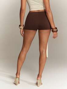Denimoi Belted Mini Sexy Shorts Euro Summer Vacation Ibiza Fashion Shorts Color Block Two Tone Shorts - Brown - View 5