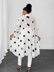 Maweii Summer Plus Size Women's Blouse, Black And White Polka Dot Chiffon Fabric, Asymmetrical Hem, Button-Front, Elegant, Semi-Sheer, Suitable For Outings And Commuting - White - View 3