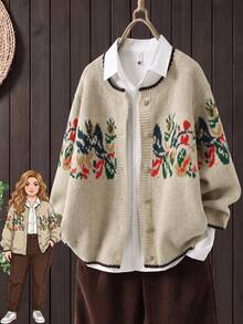 Rusticease Plus Size Women's Floral Pattern Single-Breasted Casual Daily Cardigan Winter - Apricot - View 8
