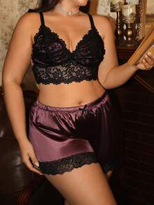Divavoom Plus Size Women's Classic Sexy Lace Trim Colorblock Satin Top + Pants 2-Piece Set - Multicolor - View 5