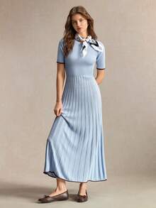 BizChic Women's Short Sleeve Long Knit Dress In Light Blue, French Elegant Party Office Work Brunch Style For Fall, Halloween, Back To School, Church - Blue - View 7