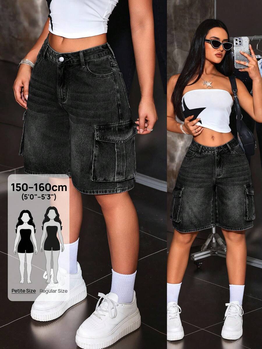 SHEIN PETITE Women's Casual Washed Flip Pocket Loose Cargo Denim Shorts, Summer ,Petite Women - Black - View 1