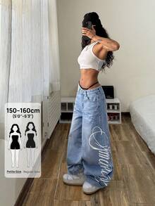 SHEIN PETITE 女款休閒百搭日常外出寬腿牛仔褲，附口袋鈕扣與字母圖案，適合嬌小女性 - 藍色 - 查看 8