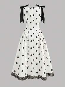 SHEIN Serisse Kids 少女休閒法式優雅波點印花拼接收腰長洋裝，休閒優雅百搭日常款，適合儀式、派對及各種場合，畢業季穿搭新款女童洋裝 - 白色 - 查看 7