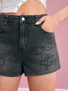 HELLO KITTY AND FRIENDS | SHEIN Women's Casual Versatile Daily Denim Shorts With Pockets And Buttons - Blue - View 6