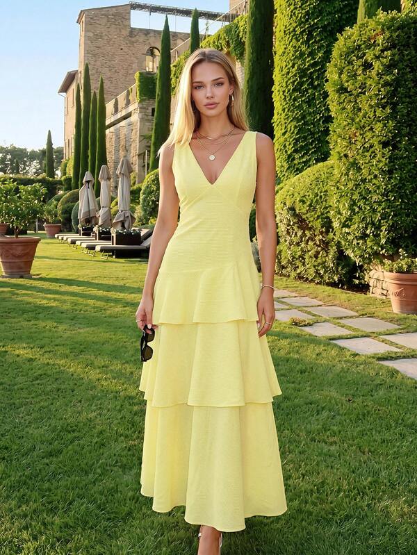 KARISMINA 2026 Summer Pale Yellow Solid Color Textured Fabric Cami Dress, Deep V-Neck, Cinched Waist, Layered Asymmetrical Ruffle Flare, Vacation Dress, Elegant