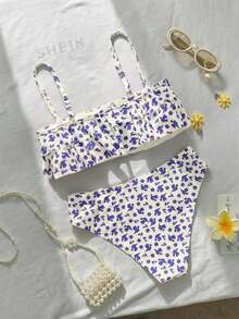 SHEIN Swim 花卉飾邊可愛熱帶甜美復古休閒海灘度假泳池派對度假女性泳衣套裝白色與藍色花卉夏季 - 藍色 - 查看 4