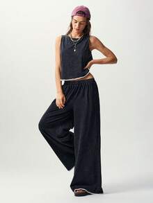 Bohemela Casual Fringe Solid Color Knit Tank Top Long Pants 2 Pieces Set For Women Everyday Lounge White Summer - Black - View 2