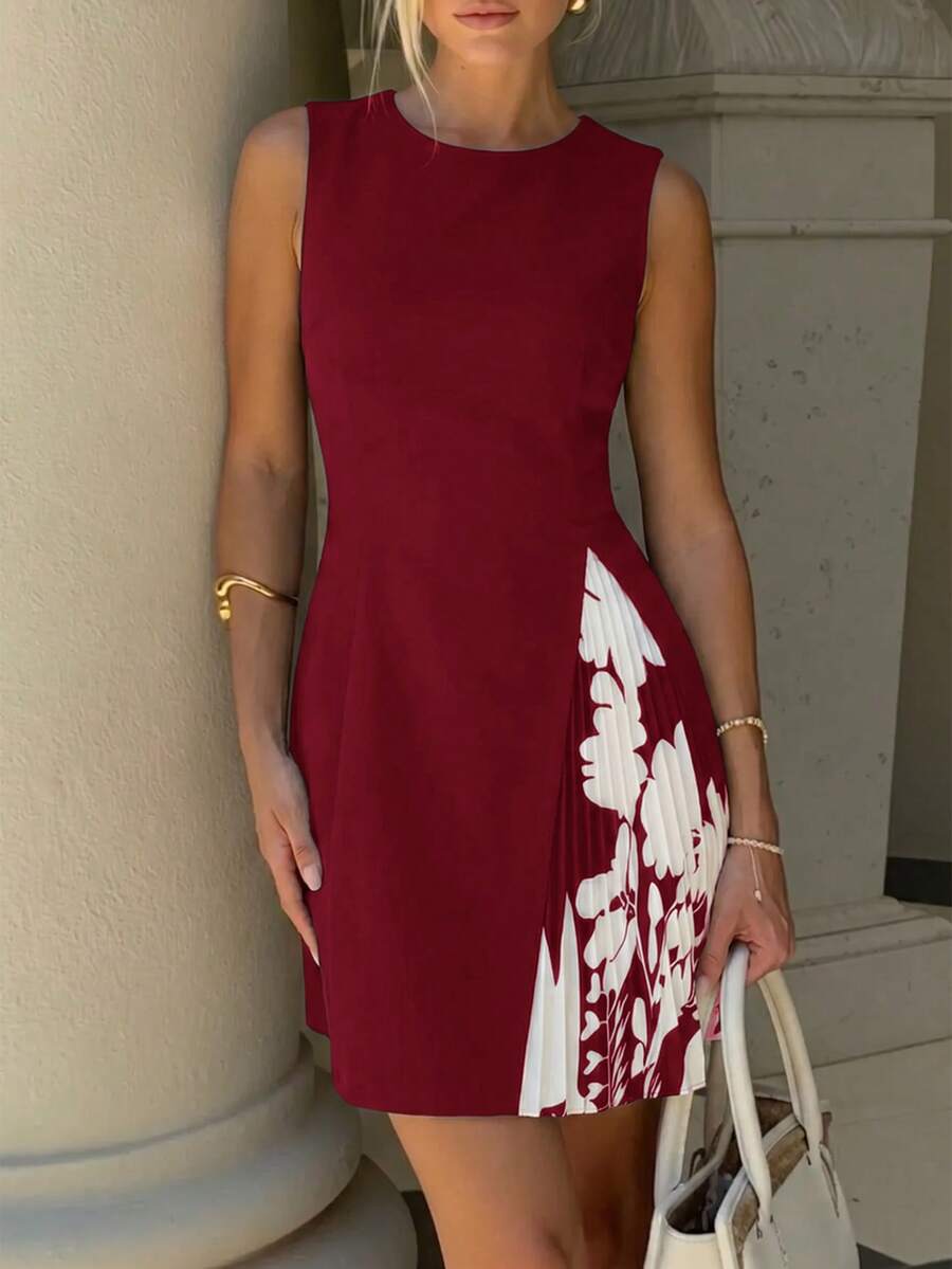 Easura Abito corto nero senza maniche con stampa plissettata, linea ad A, svasato, patchwork, elegante casual per uso quotidiano, pendolarismo e ufficio, taglie forti, abito estivo da donna - Bordò - Visualizzare 1