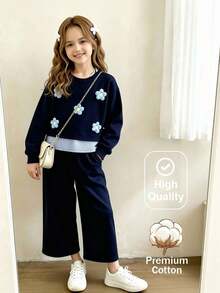 Elladie kids 女童拼接條紋花卉T恤套裝，休閒可愛學院風，寬鬆棉質，適合秋季返校、戶外運動與日常穿著，舒適 - 藍色 - 查看 3