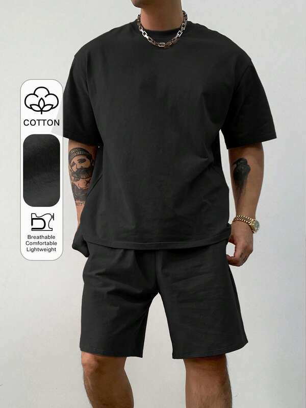DAZY Set Kaos Pria Polos Hitam Regular, Musim Panas