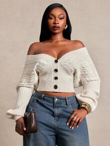Radiana Curve Plus Size Women's Autumn/Winter Elegant Casual Traditional Cropped Drop Shoulder Gigot Sleeve Cardigan Sweater Wedding Morning Date Night White Fall - Apricot - View 9