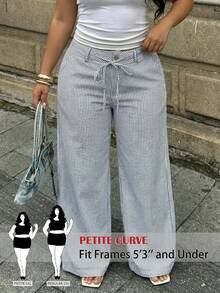 SHEIN PETITE CURVE 大尺碼女款休閒水手風度假日常通勤沙灘夏威夷配色條紋腰綁帶寬鬆寬腿長褲 黑白秋季 - 彩色 - 查看 3