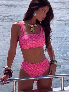 Swim Vcay Pink Shell Side High Waist Bikini Swimsuit Set With Shoulder Straps, 2 Pieces Women's Beach Party Holiday Swimwear Summer Sexy Tropical - Multicolor - View 1