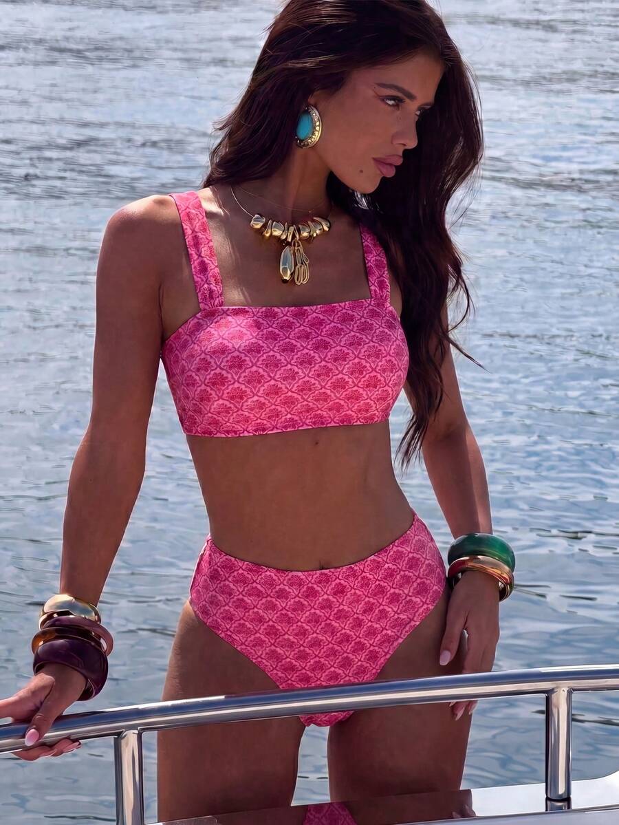 Swim Vcay Pink Shell Side High Waist Bikini Swimsuit Set With Shoulder Straps, 2 Pieces Women's Beach Party Holiday Swimwear Summer Sexy Tropical - Multicolor - View 1