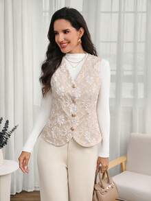 Medorina Chaleco de jacquard beige elegante para mujer, estilo francés, para oficina, día, fiesta, té de la tarde y noche, verano, Día del Maestro - Albaricoque - Ver 7