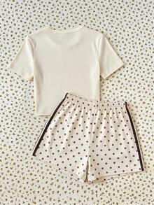 SHEIN Tween女孩休閒拼色粉色織帶棕色針織短褲套裝，夏季兩件式休閒運動套裝，棕色短褲套裝夏季度假 - 彩色 - 查看 2