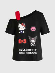 HELLO KITTY AND FRIENDS | ROMWE Áo thun 2 trong 1 size lớn dáng rộng vai lệch họa tiết pixel art sáng tạo hợp tác IP, màu đen, phong cách Y2K thường ngày cho lễ tốt nghiệp và du lịch mùa xuân - màu đen - Xem 3