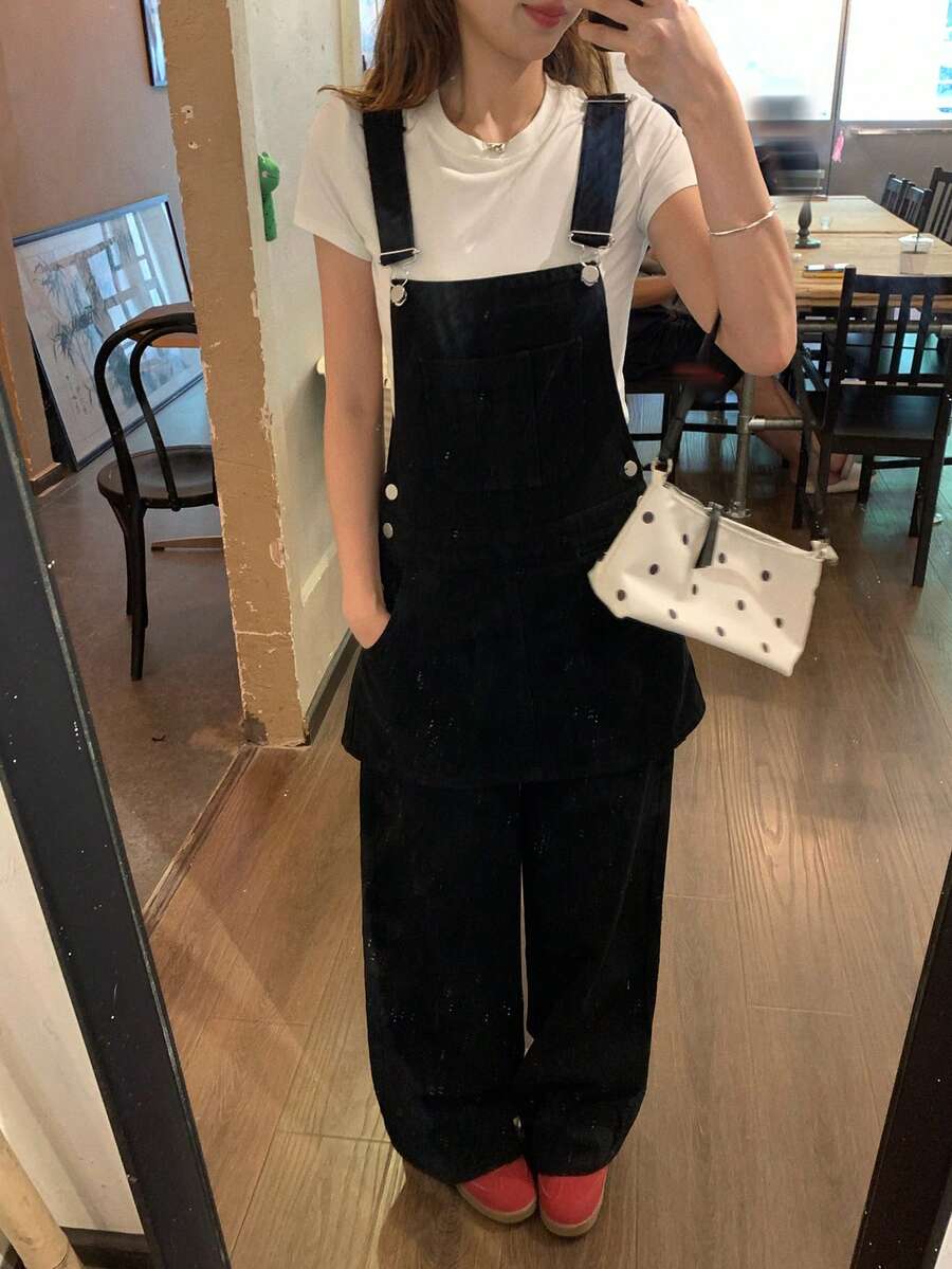 DAZY Overall Denim Kasual Wanita Model Longgar dan Lebar dengan Kantong untuk Sekolah - Hitam - View 1