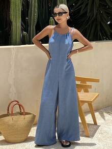 Livesso Tall 女款夏季綁帶無袖細肩帶長版度假風連身褲 - 中等水洗藍 - 查看 9