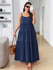 Comfylo Striped Plus Size Women's Pleated Casual Party Travel Spaghetti Strap Dress - Multicolor - View 6