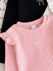 Genkimix Kids 3pcs/Set Girls Autumn/Winter Ruffle Flutter Sleeve Knitted Base Layer, Versatile Round Neck Embroidered Bow Long Sleeve T-Shirt - Multicolor - View 4