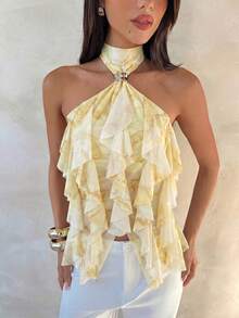 Aloruh Women's Elegant Multi-Layer Ruffle Trim Stand Collar Fitted Tank Top,Summer Top - Pale Yellow - View 5
