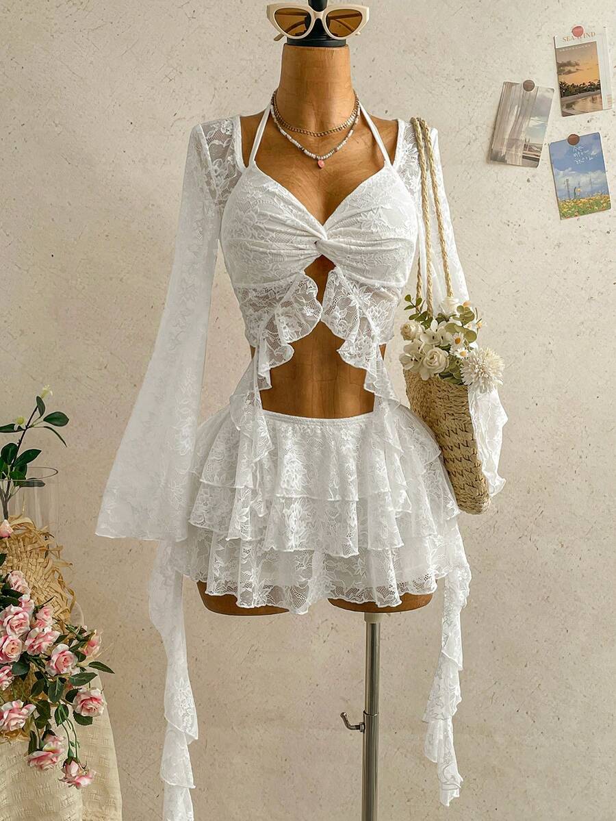 Soleia New Holiday Knit Lace Halter Neck Flare Sleeve Top + Low Waist Multi-Layer Ruffle Skirt 2-Piece Set, Suitable For Holiday, Date, Valentine's Day, Afternoon Tea, Daily Wear, Christmas - White - View 1