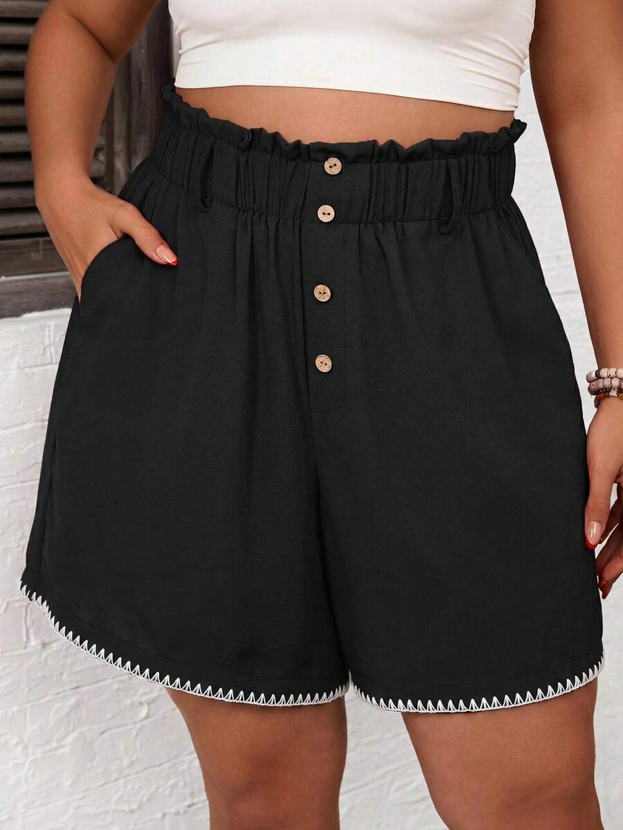 Comfylo Plus Size Women's Shell Embroidered Ruffle Edge Button Design Shorts - Multicolor - View 1