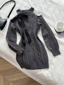 Elamini Gaun Sweater Rajut Motif Berlian dengan Bahu Terbuka, Cocok untuk Kencan Sehari-hari, Warna Abu-abu, Musim Gugur, Elegan - Dark Grey - View 1