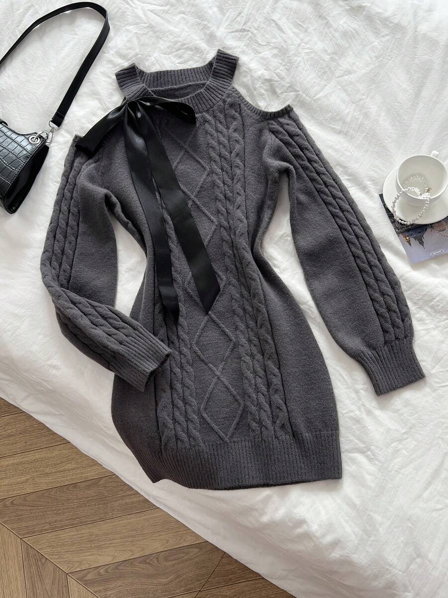 Elamini Gaun Sweater Rajut Motif Berlian dengan Bahu Terbuka, Cocok untuk Kencan Sehari-hari, Warna Abu-abu, Musim Gugur, Elegan - Dark Grey - View 1