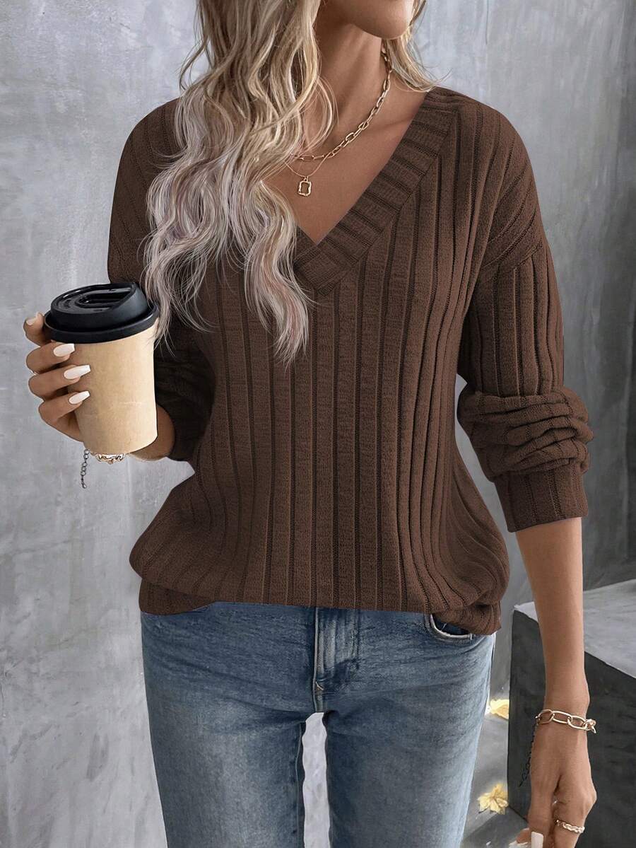 EMERY ROSE Women's Solid Color V-Neck Casual Versatile Daily Long Sleeve T-Shirt - Coffee Brown - View 1