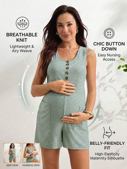GentleRue Maternity Nursing Function Pocket Jacquard Button Romper