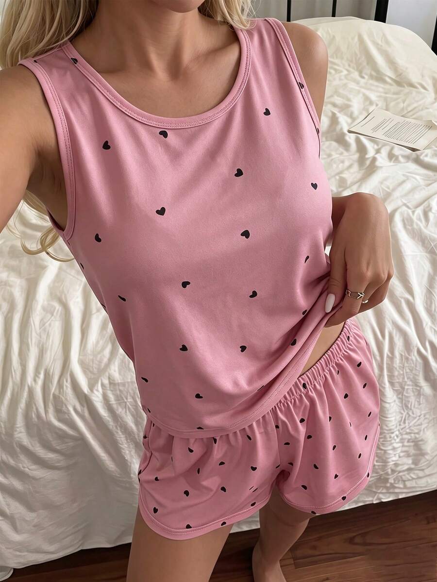 Girls' New Heart All-Over Print Fabric Comfortable Summer Daily Home Wear Loungewear Set - Pink - View 1