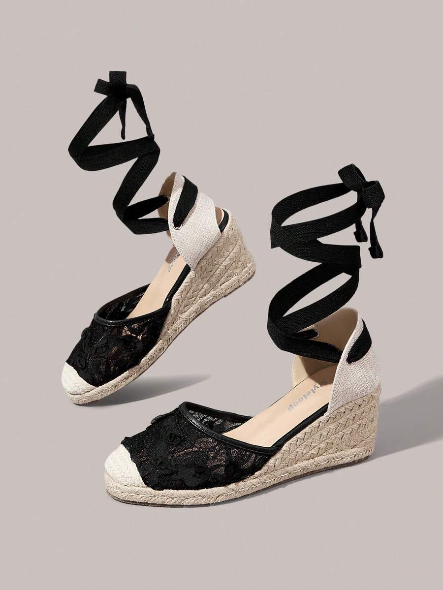 Styleloop 女款楔跟厚底鞋,刺繡圖案,夏季露趾波希米亞度假涼鞋,麻繩編織羅馬沙灘涼鞋,交叉綁帶 - 黑色 - 查看 1