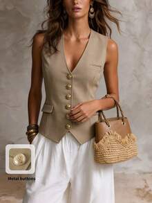 Solivie Women's Summer Elegant Smart Casual Commute Business Brunch Office Solid Color Sleeveless Blouse Khaki - Apricot - View 2