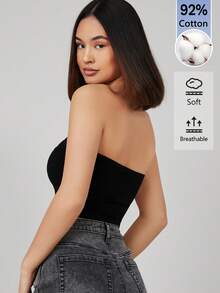 SHEIN BASICS 女款簡約性感基礎款保守極簡百搭純色抹胸上衣，適合度假、海灘、日常、日間、辦公室工作、夜店、外出，黑色 - 黑色 - 查看 2