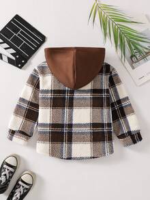 SHEIN Genkimix Kids Boys Plaid Pattern Hooded Shacket, Spring/Autumn - Brown - View 2