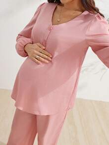 SHEIN 孕婦純色哺乳上衣可調腰帶休閒日常2件套 - 粉色 - 查看 6