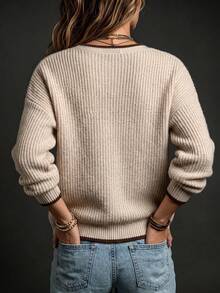 SHEIN Casual Loose Round Neck Long Sleeve Knit Button-Down Contrast Trim Cardigan Khaki Women Spring Autumn - Khaki - View 2