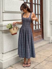 Serisse Damen Mode kariertes plissiertes ärmelloses Urlaubs-Kleid Brunch Picknick hellgrau Sommer französischer Vintage-Stil - Verschiedenfarbig - Übersicht 7