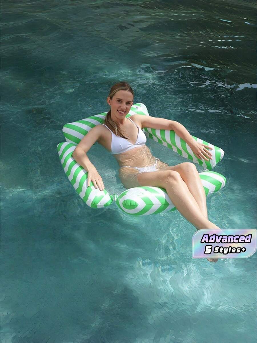 1pc Inflatable Pool Float Green & White Striped Mesh Hammock & Yellow & White 4-Tube Striped Lounge, Summer Water Floats For Pool & Beach - 4 tube oblique stripes - View 1